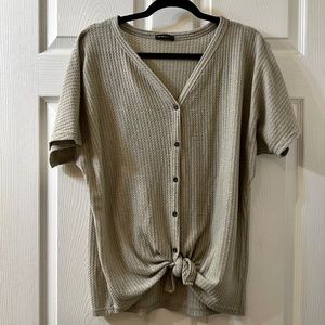 MIHOLL Greige Button Tie Front Short Sleeve Thermal Tee Womens Size Small
